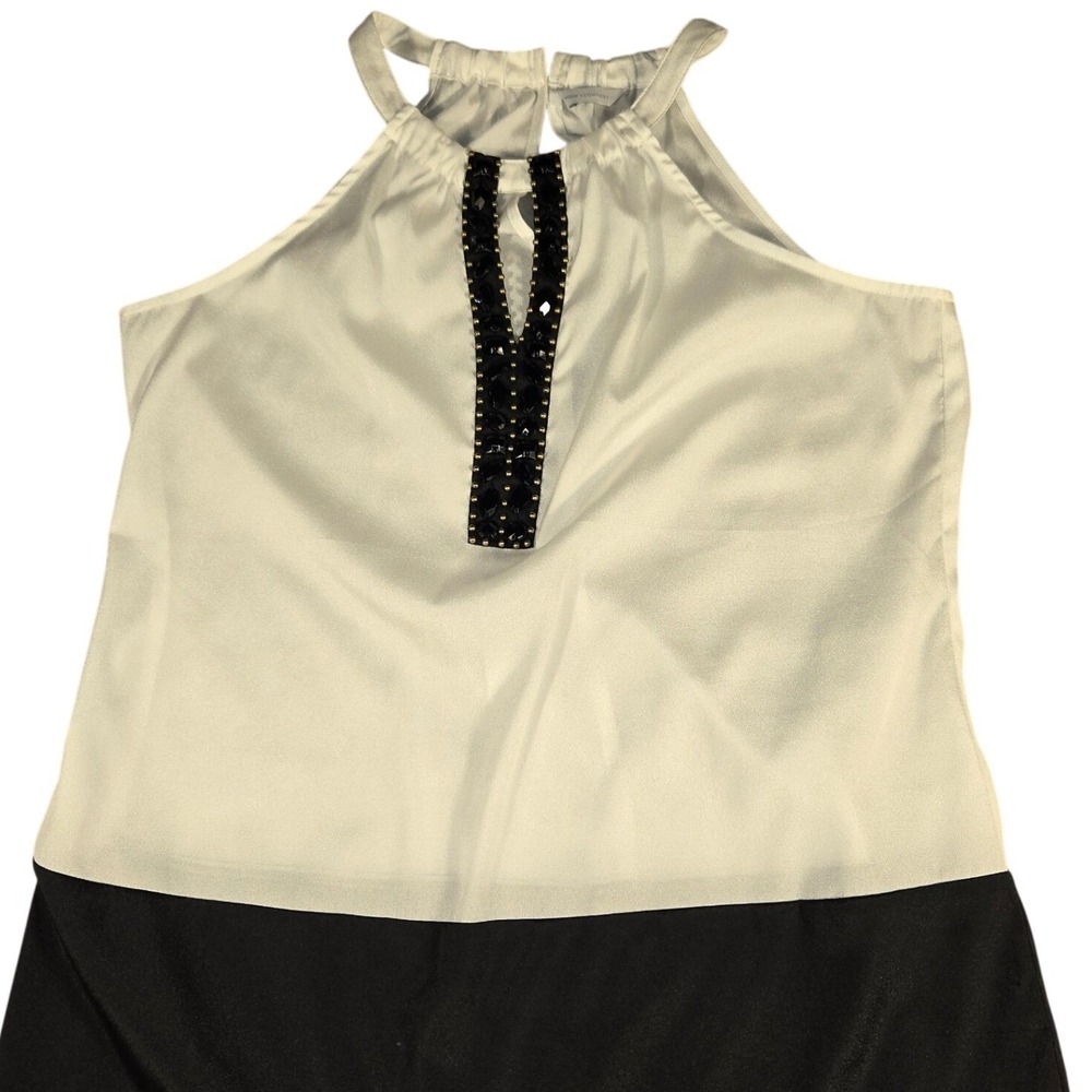 New York & Company White Black Colorblock Embellished Halter Blouse Medium